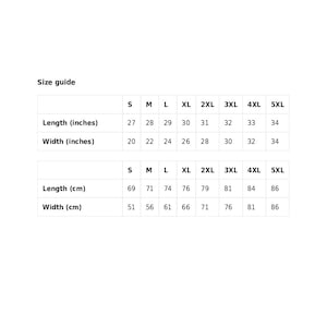 Może przedstawiać: Tabela rozmiar&oacute;w odzieży w calach i centymetrach. Tabela pokazuje wymiary dla rozmiar&oacute;w od S do 5XL dla długości i szerokości.