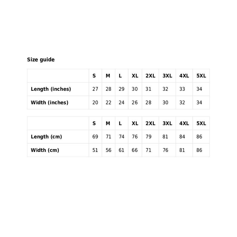 May include: Size guide for clothing in inches and centimeters. The chart shows measurements for sizes S through 5XL for both length and width.