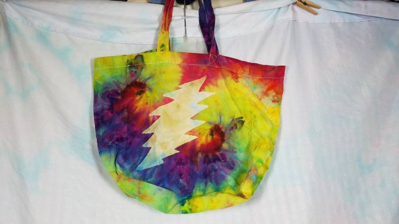Rainbow Spiral Market Bag with Geateful Dead embellishment