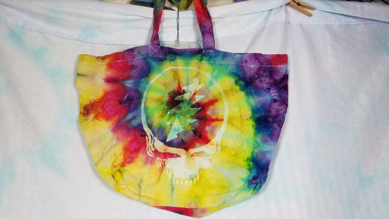 Rainbow Spiral Market Bag with Geateful Dead embellishment