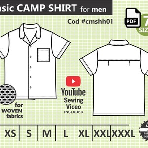 CAMP SHIRT for men - PDF Sewing Pattern & Youtube Video - Cabana Shirt / Lounge Shirt / Bowling Shirt for men. Sizes from Xs to Xxxl