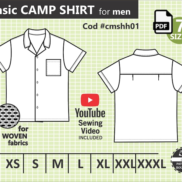 CAMP SHIRT for men - PDF Sewing Pattern & Youtube Video - Cabana Shirt / Lounge Shirt / Bowling Shirt for men. Sizes from Xs to Xxxl