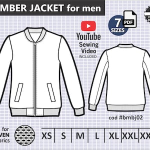 JACKET for Men - PDF Sewing Pattern & Youtube video / Bomber jacket for men with lining / Sizes from Xs to Xxxl / Pattern instant Download