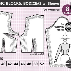 BODICE Block & Sleeve / PDF Sewing Pattern / Basic Bodice Sloper in 8 Sizes / Italian sizes 38 to 52 (8 sizes)