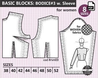 BODICE Block & Sleeve / PDF Sewing Pattern / Basic Bodice Sloper in 8 Sizes / Italian sizes 38 to 52 (8 sizes)