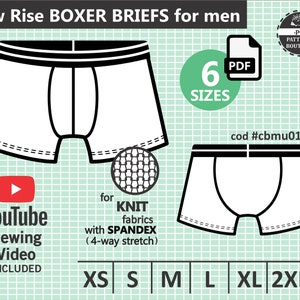 Boxer Briefs for Men / PDF Sewing Pattern & Youtube Sewing video / Low Waisted / 6 Sizes from Xs to Xxl /Instant Printable file Download