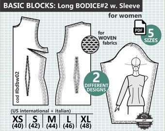 Basic BODICE BLOCK & SLEEVE - full Bodice Sloper 2 in 1 / Pdf Sewing Pattern / Basic dress pattern w. sleeve: 0 to 12  / Xs to Xl / 40 to 48