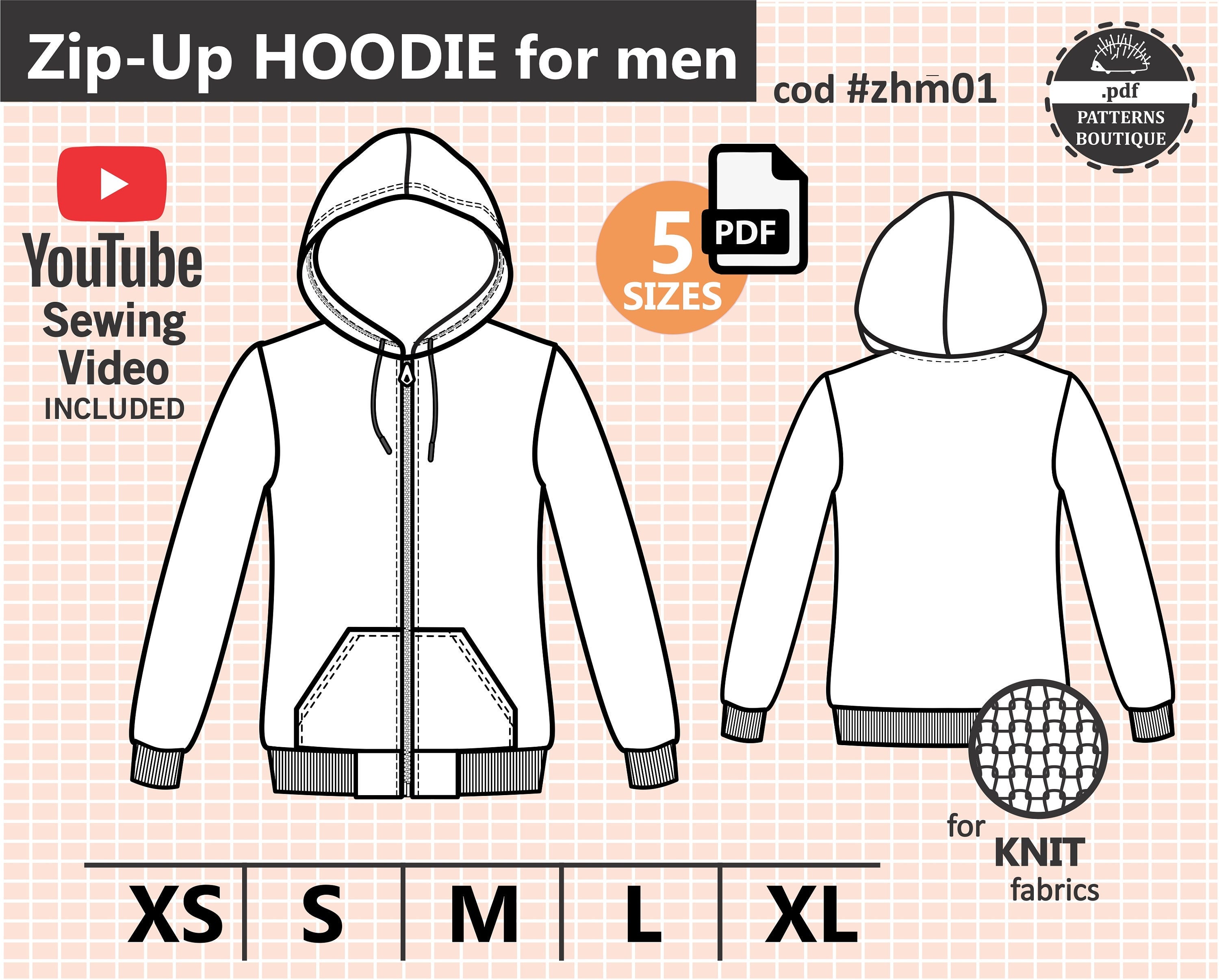 ZIP UP Hoodie PDF Sewing Pattern For Sizes From Xs To Xl 