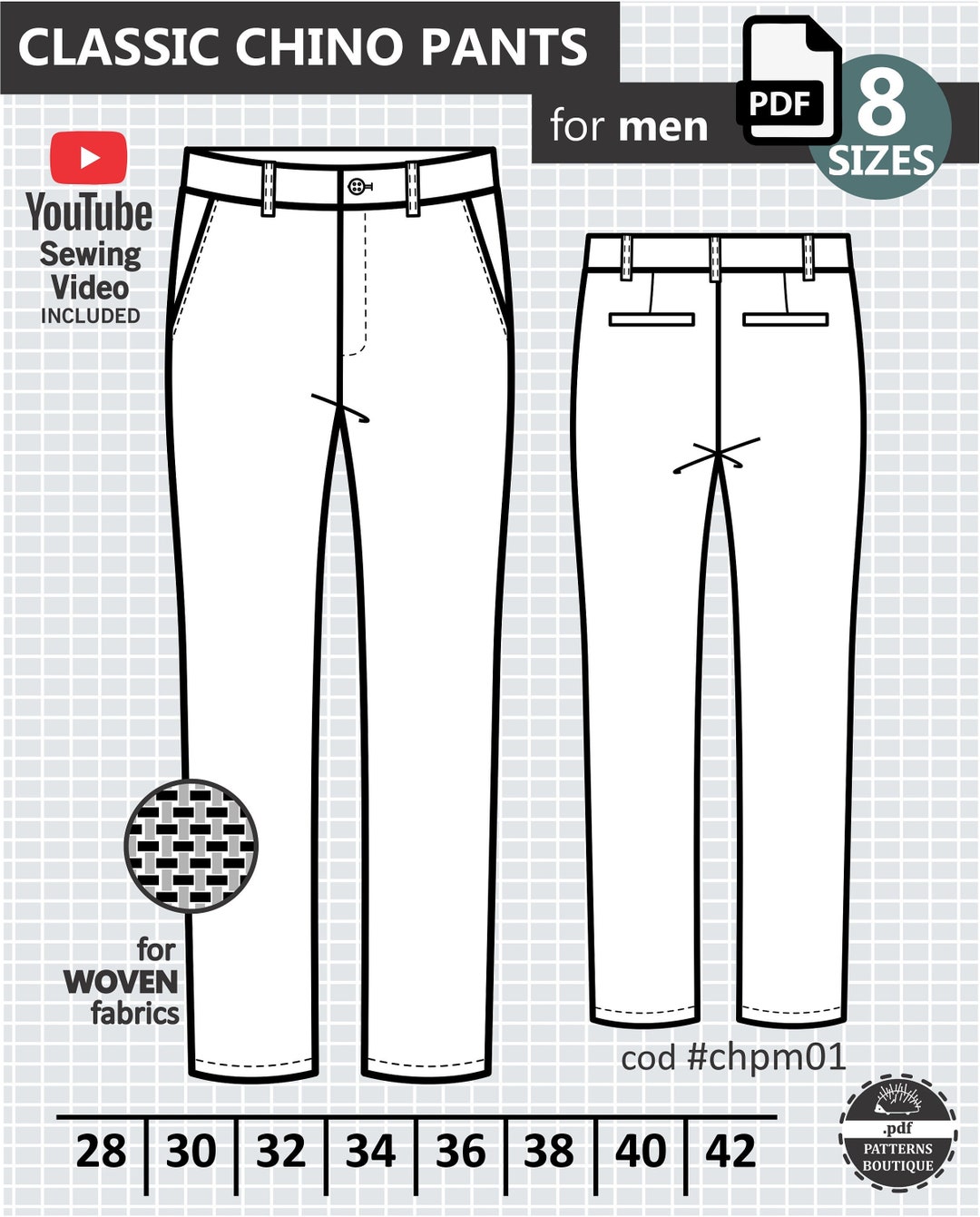 CHINO PANTS for Men PDF Sewing Pattern / Khaki Pants. Basic Pants