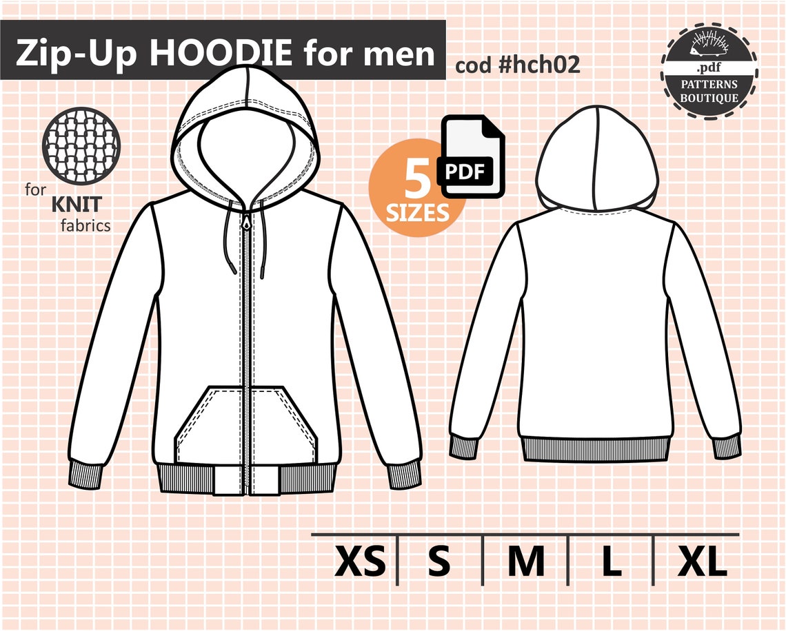 ZIP UP Hoodie PDF Sewing Pattern for Men. Sizes from Xs to Xl | Etsy