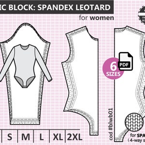 Basic LEOTARD Pattern BLOCK & SLEEVE for Knit Fabric (spandex) - Pdf Sewing Pattern / 6 Sizes: Xs to Xxl - Basic Slopers. Instant Download.