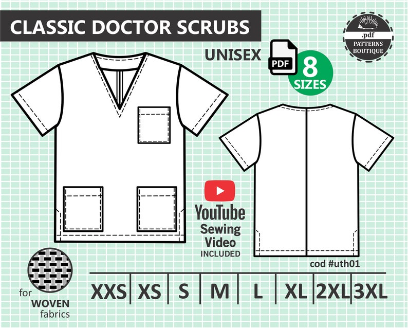 UNISEX DOCTOR SCRUBS / Pdf Sewing Pattern & Youtube Sewing image 1