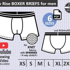 Boxer Briefs for Men / PDF Sewing Pattern & Youtube Sewing video / Low Waisted / 6 Sizes from Xs to Xxl /Instant Printable file Download