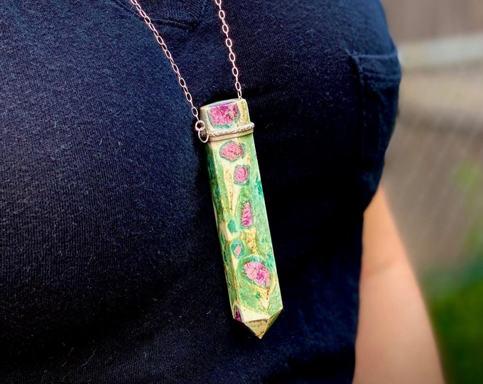 Ruby Zoisite and Silver Point Pendant and Chain