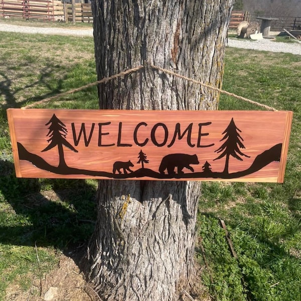 Hand carved eastern red cedar welcome sign