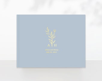 Blaues Hochzeitsgästebuch mit echter Goldfolie Initialen und Blumenmuster | Hardcover Fotoalbum | Weiße, schwarze und linierte Seiten