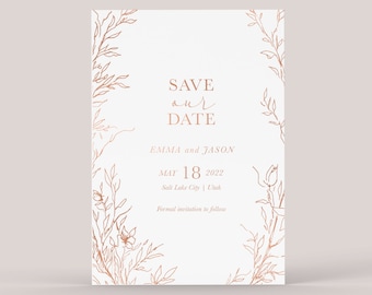 Sage Green Botanical Wreath Modern Floral Save the Date Cards With Envelopes - PRINTED Foil Wedding Stationery, Rose Gold, Gold, Silver