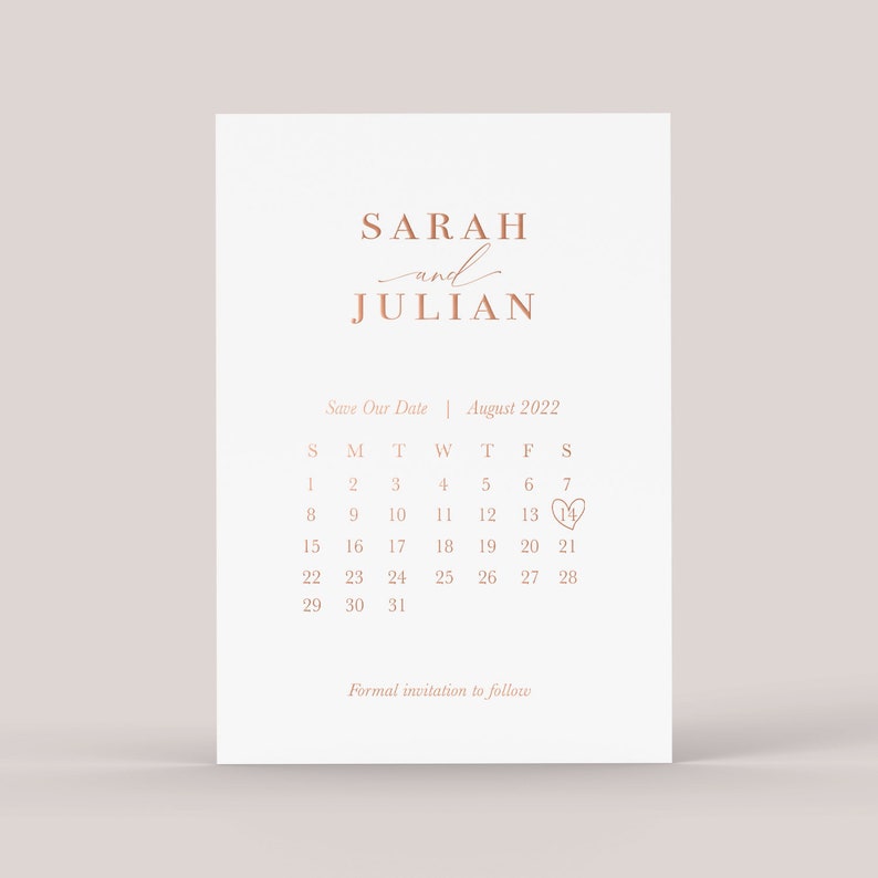 Calendar Foil Simple Save the Date Cards With Envelopes PRINTED Foil Wedding Stationery, Rose Gold, Gold, Silver Wedding Announcement image 2