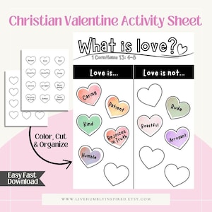 What is Love Christian Valentine Activity Sheet Great for Sunday School Church Kids Homeschool activity Valentines coloring 1 Corinthians