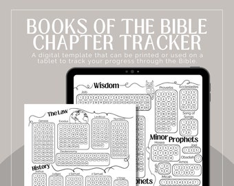 May include: A digital Bible chapter tracker template, displayed on a tablet and a printed sheet. The design is black and white, with sections for each book of the Bible. The text "BOOKS OF THE BIBLE CHAPTER TRACKER" is at the top.