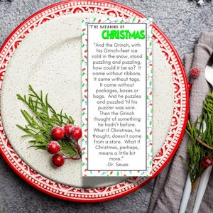 Significado do Grinch para impressão e download de cartões de mesa natalinos para festa de Natal ou feriados, cartões de lugar para mesa infantil