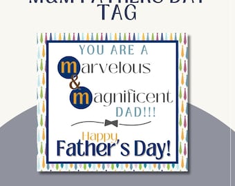 Może przedstawiać: Drukowana etykieta na prezent z okazji Dnia Ojca z niebiesko-białym krawatem, tekstem "You are a marvelous & magnificent DAD!!! Happy Father's Day!" i tłem z kolorowych krawatów.