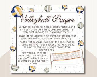 May include: Square print with a volleyball theme. The text reads "Volleyball Prayer" with a prayer below. Volleyballs and a net graphic are included. The background is white with small gray polka dots. The website address is at the bottom.
