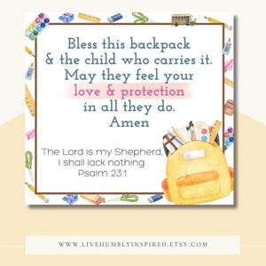 Backpack Blessing Prayer Tag Download and Printable Handout for Back to School Church gift Faith Religious Love & Protection