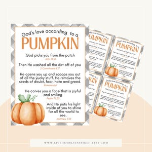 May include: A printable set of four cards with a watercolor pumpkin illustration. Each card features a different verse about God's love, comparing it to a pumpkin. The text includes Bible verses and the phrase "God's love according to a pumpkin".