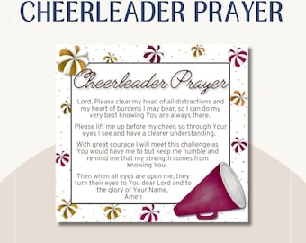 May include: A printable card with a maroon megaphone and gold and maroon pom-poms. The card has a white background with the text "Cheerleader Prayer" and a prayer for cheerleaders.