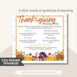 Etiqueta imprimível para mix de lanches de Ação de Graças | Decoração para sacolinha de doces ou cartão | Compartilhamento de gratidão com base na fé para igreja, família e amigos