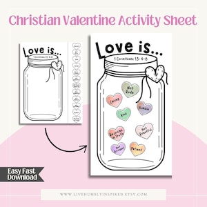 Love is Christian Valentine Activity Sheet Great for Sunday School Church Kids Homeschool activity Valentines coloring 1 Corinthians Jar