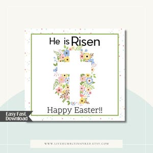 Lui è risorto Tag di Pasqua o volantino digitale da scaricare e stampare per la scuola domenicale Chiesa religiosa Fiori primaverili Croce Quaresima