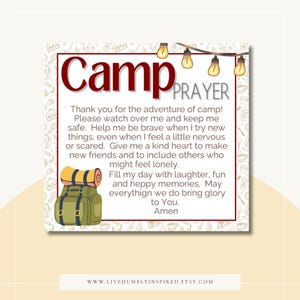 May include: A square card featuring the words "Camp Prayer" in maroon, with a cartoon illustration of a backpack and sleeping bag. The card contains a prayer about camp experiences and friendship. The website address is at the bottom.
