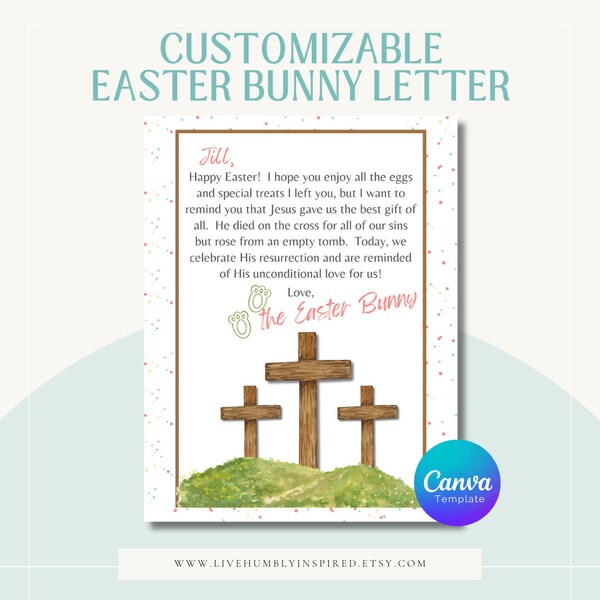 Carta personalizable del Conejito de Pascua Canva Recordatorio del verdadero significado de la Pascua con la Historia de la Resurrección de Jesús Cuaresma cristiana religiosa