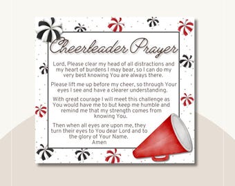 May include: A square card with a white background, featuring the text "Cheerleader Prayer" in elegant script. The card is decorated with red and black accents, including a red megaphone illustration and decorative elements.