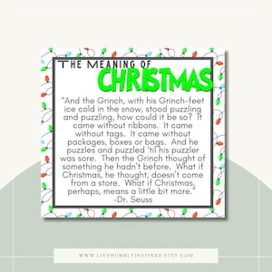 Grinch Christmas Story Card Tag, um den Grund für die Saison mit einem lustigen Kinderbuch von Dr. Seuss zu teilen