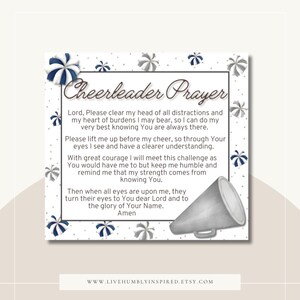 May include: A square print featuring the "Cheerleader Prayer" in elegant script. The design includes a megaphone illustration and decorative elements in shades of blue and white, perfect for a cheerleader.