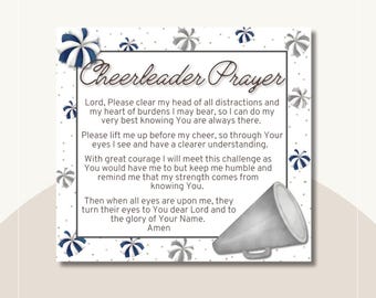 May include: A square print featuring the "Cheerleader Prayer" in elegant script. The design includes a megaphone illustration and decorative elements in shades of blue and white, perfect for a cheerleader.