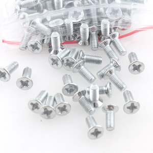 May include: A bag of silver-toned screws with a Phillips head. The screws are scattered on a white surface.
