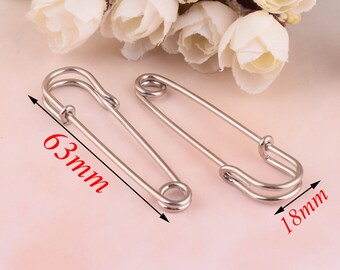 20pcs 63-18mm épingle de sécurité argentée, broche de broche de broche de broche, épingle de chandail, broches de sûreté en métal, tête ronde