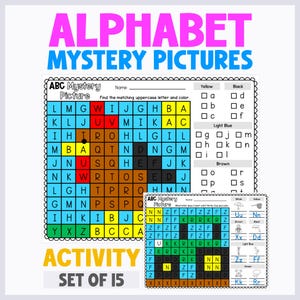 Tajemnicze obrazki z alfabetem | Arkusze powtórkowe z alfabetu | Zabawna aktywność z kolorowaniem alfabetu według kodu | Program nauczania fonetyki dla przedszkolaków i uczniów w wieku przedszkolnym