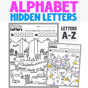 May include: Two black and white educational activity worksheets titled Hidden Letters. One page features an alligator in a swamp with letters A and a, while the other shows a bear in a forest with letters B and b. Both pages include letter tracking boxes.