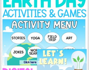 Puede incluir: Un menú de actividades digital para el Día de la Tierra con un gráfico de globo terráqueo azul y verde. El menú incluye actividades como historias, yoga, excursión, arte, chistes y búsqueda de palabras. El texto "Let's Learn!" está en una pancarta azul con un gráfico de bombilla.