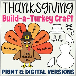 Thanksgiving Turkey Craft Printable | What I am Thankful For Writing Activity | Build a Turkey Hands-on Activity for Fall | Fun Craftivity