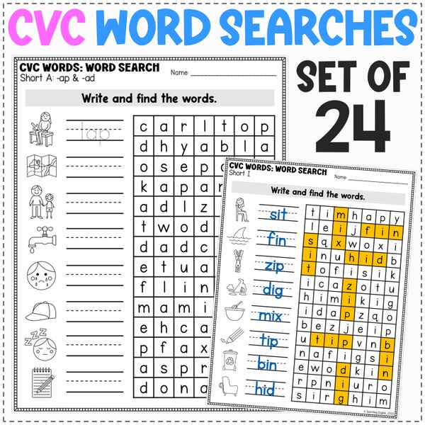 CVC Word Searches | Fun CVC Word Families Review Activity