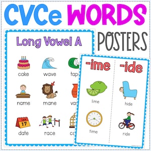 May include: A set of colorful educational posters for teaching long vowel sounds in English. The posters feature illustrations of words with the long vowel sound "a" and the word families "ime" and "ide".