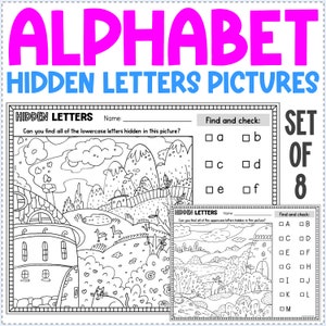 Imagens de letras ocultas do alfabeto | Folhas de exercícios de revisão do alfabeto de reconhecimento de letras | Currículo do jardim de infância