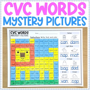 CVC Words Mystery Pictures | Fun CVC Words Review Activity Worksheets | Kindergarten and First Grade Phonics Curriculum
