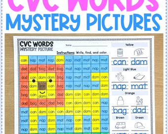 CVC Words Mystery Pictures | Fun CVC Words Review Activity Worksheets | Kindergarten and First Grade Phonics Curriculum
